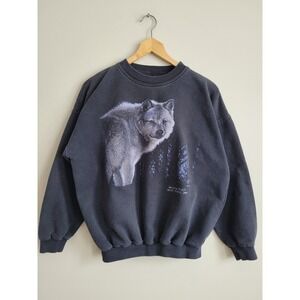 Vintage 1996 King Fashions Wolf Sweatshirt Black Blue Lakes MB Made in Canada L